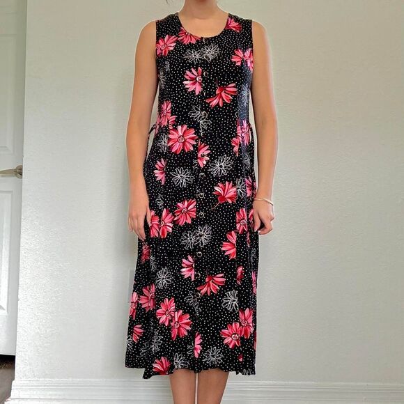 Late 90s charming black and pink floral midi dress by Betsy Lauren - Picture 6 of 8